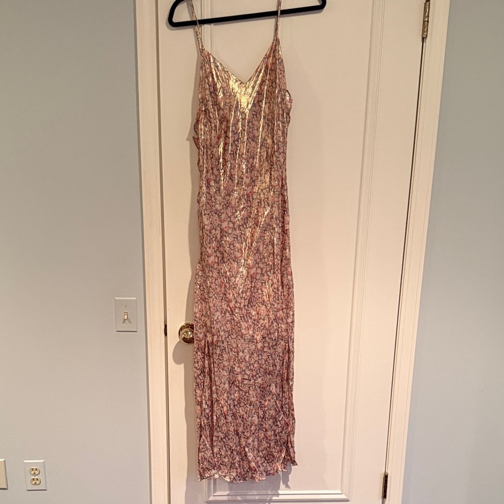 LoveShackFancy Pink Floral Metallic Slip Dress